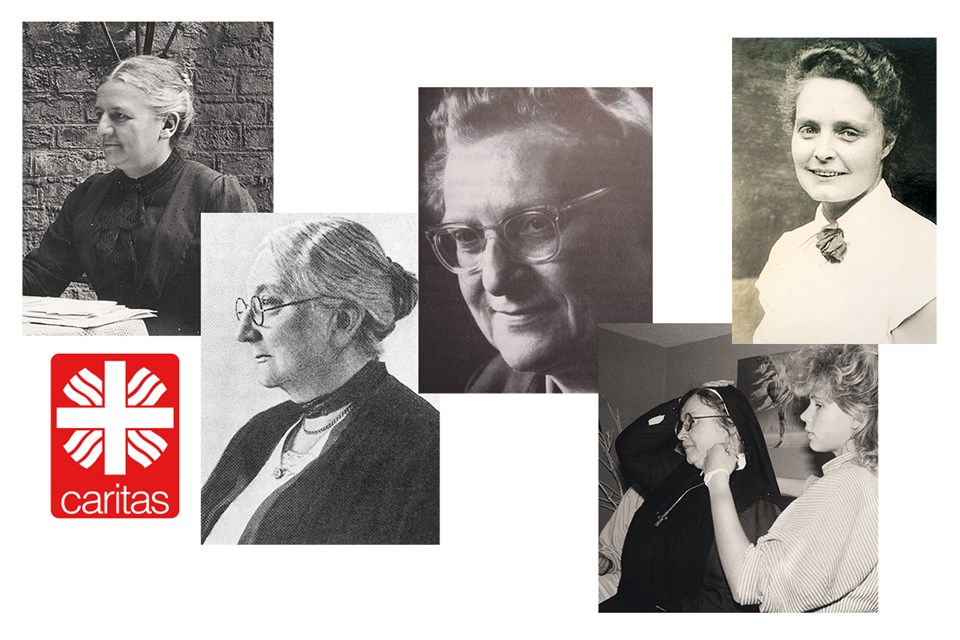 Porträts von Marie Le Hanne Reichensperger,  Clara Hellraeth, Elisabeth Denis, Maria Elisabeth Schwingen & Schwester Nikola (Renate) Ackfeld mit einem Caritas-Logo