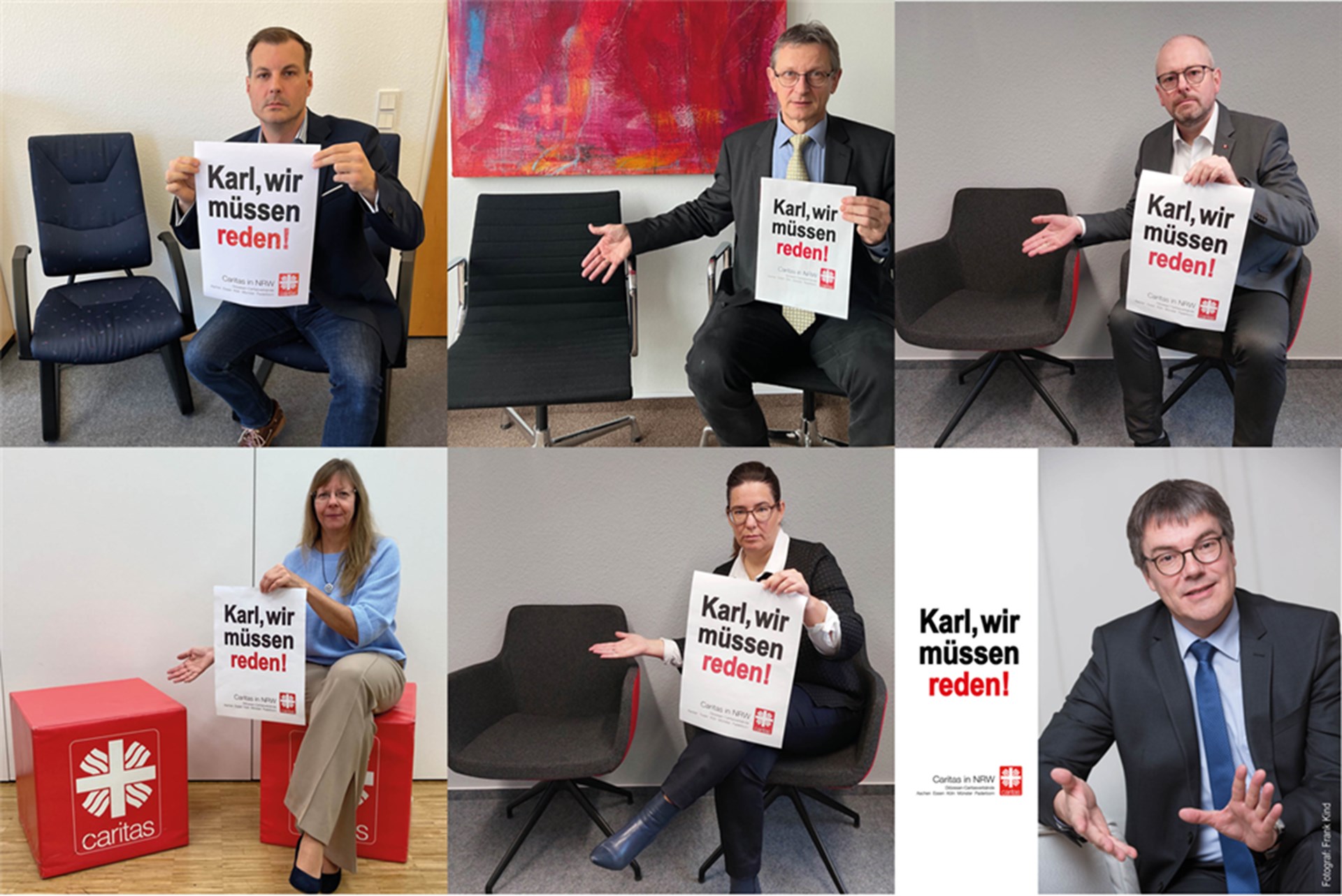 Collage zum CiNW-Aufruf 'Karl, wir müssen reden!' mit Direktorinnen und Direktoren der Caritas in NRW, die ein Plakat mit dem Aufruf hochhalten und auf einen freien Sitzplatz deuten