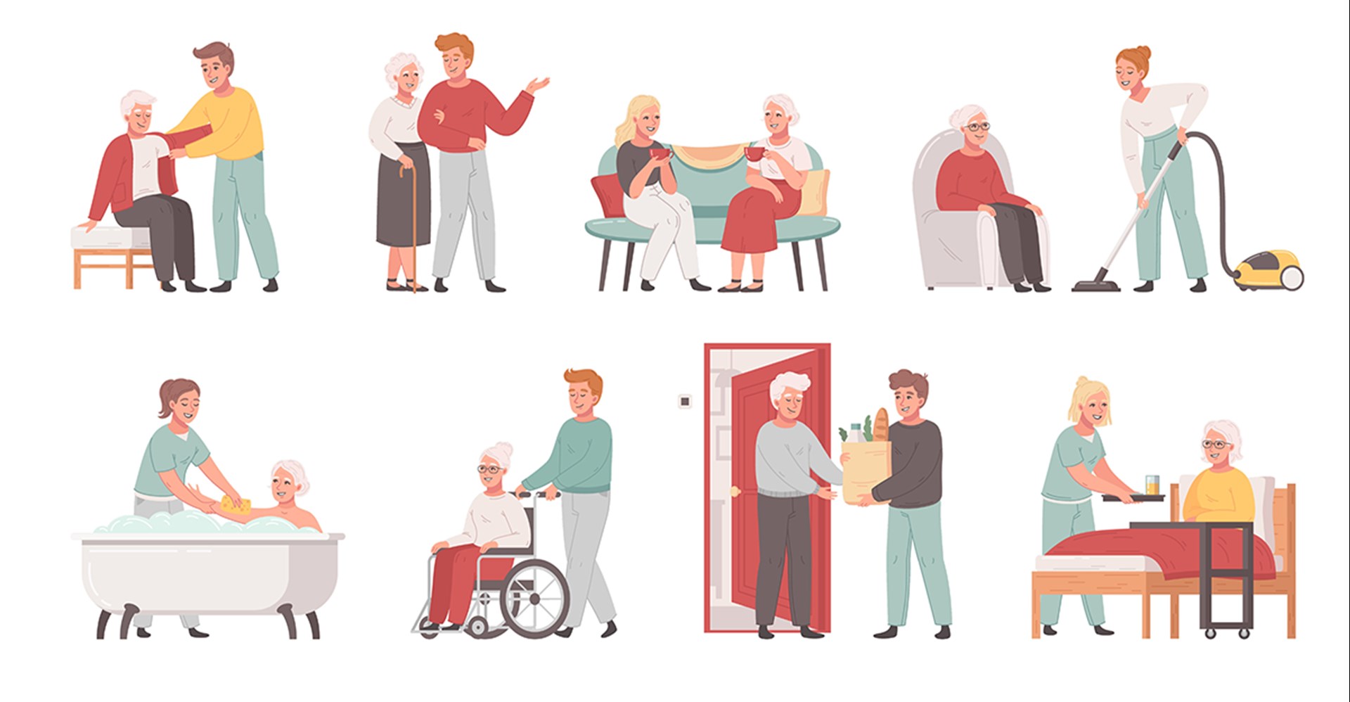Acht gezeichneten Hilfssituationen aus der Altenpflege, die auf zwei Reihen aufgeteilt sind. In der ersten Reihe sieht man Szenen in denen ein Pfleger einem Senior beim Anziehen hilft, ein Pfleger mit einer Seniorin spazieren geht, eine Pflegerin mit einer Seniorin ein Getränk auf einem Sofa trinkt und eine Pflegerin staubsaugt während eine Seniorin in einem Sessel sitzt. In der zweiten Reihe sieht man Szenen in denen eine Pflegerin eine Seniorin in einer Badewanne wäscht, ein Pflegerin eine Seniorin im Rollstuhl schiebt, ein Pfleger eine Einkaufstüte einem Senior an einer Wohnungstür übergibt und eine Pflegerin, die einer Seniorin Essen ans Bett bringt.