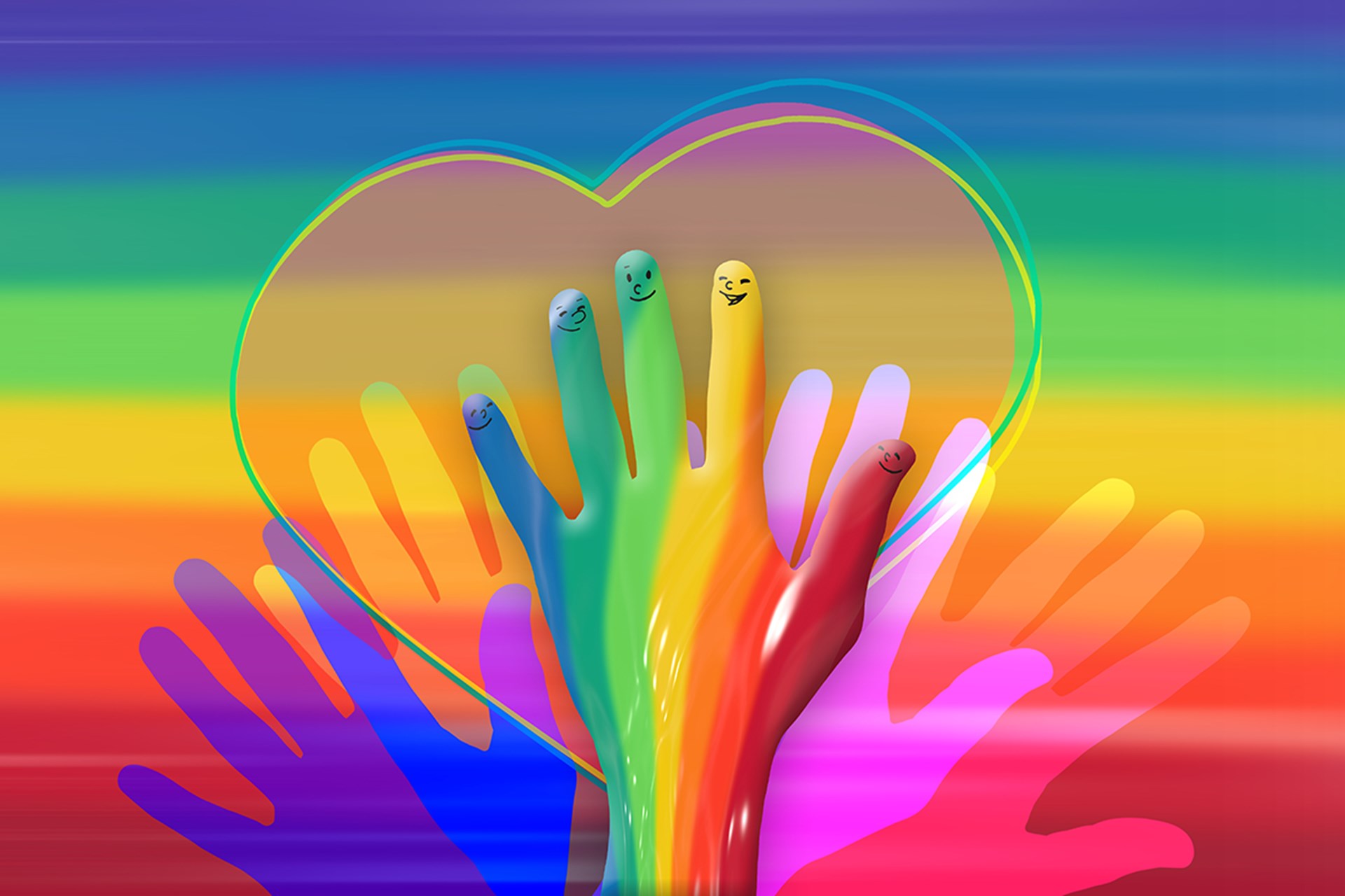 Ein Bild in den Farben der LGBTIQ*-Community mit einer einer Hand auf einem Herzen, auf deren Fingerkuppen Gesichter aufgemalt sind. Auch sind Schatten weiterer Hände zu sehen.