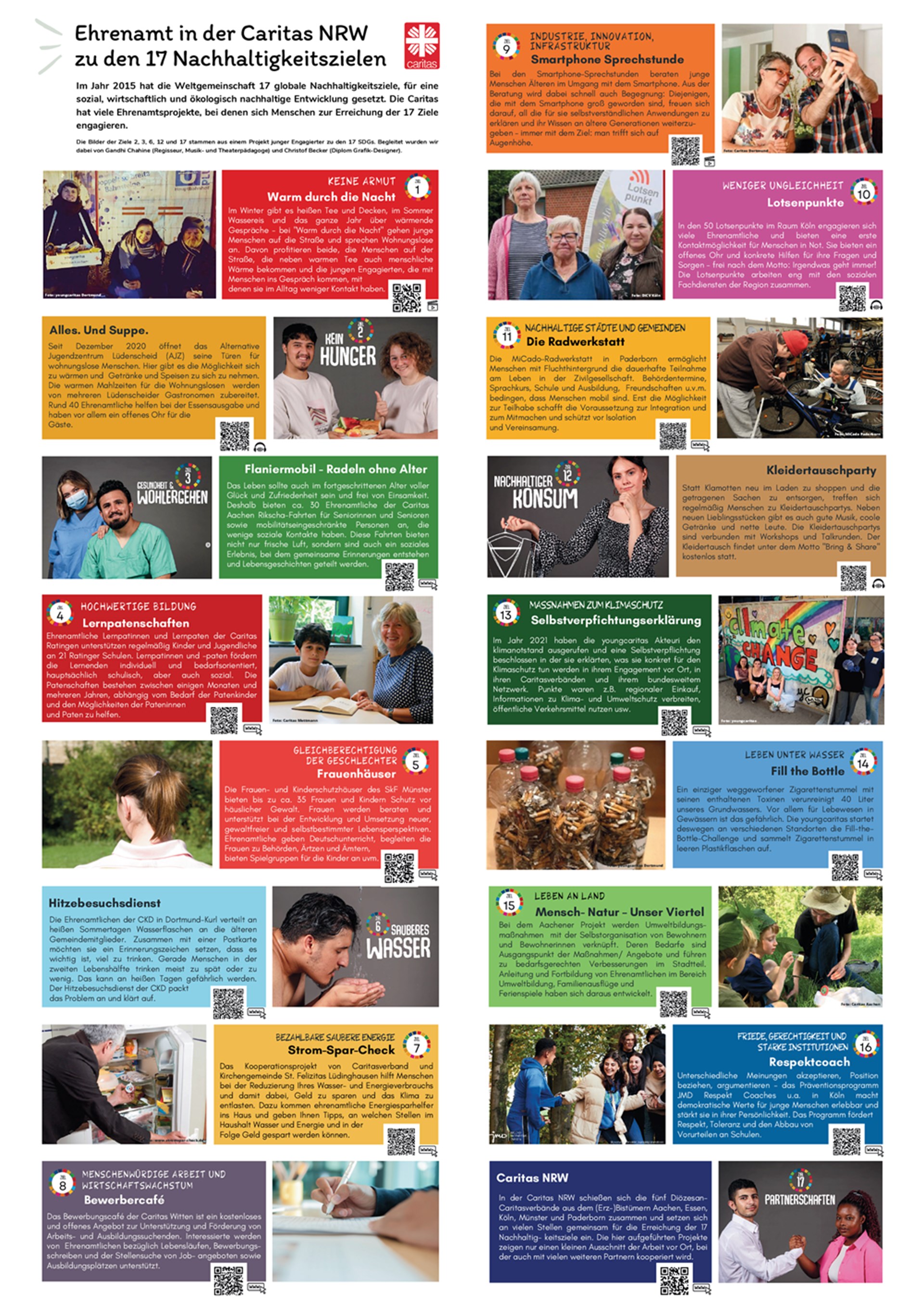 Plakat der Caritas in NRW, auf dem Ehrenamtsprojekte zu den 17 globalen Nachhaltigkeitszielen vorgestellt werden