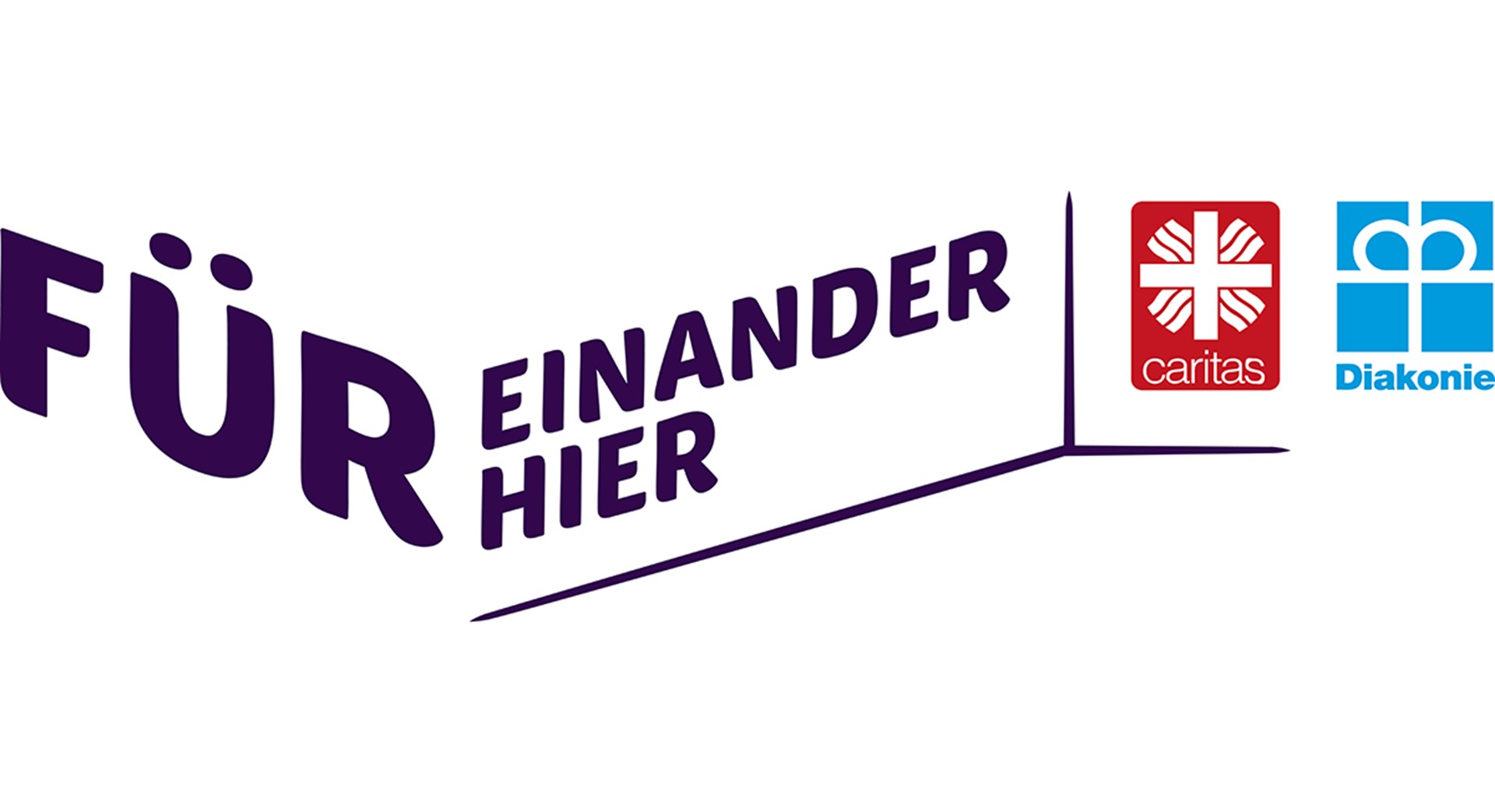 Logo der Website fuereinanderhier.org mit dem Schriftzug "Für einander hier" sowie dem Caritas- und dem Diakonie-Logo