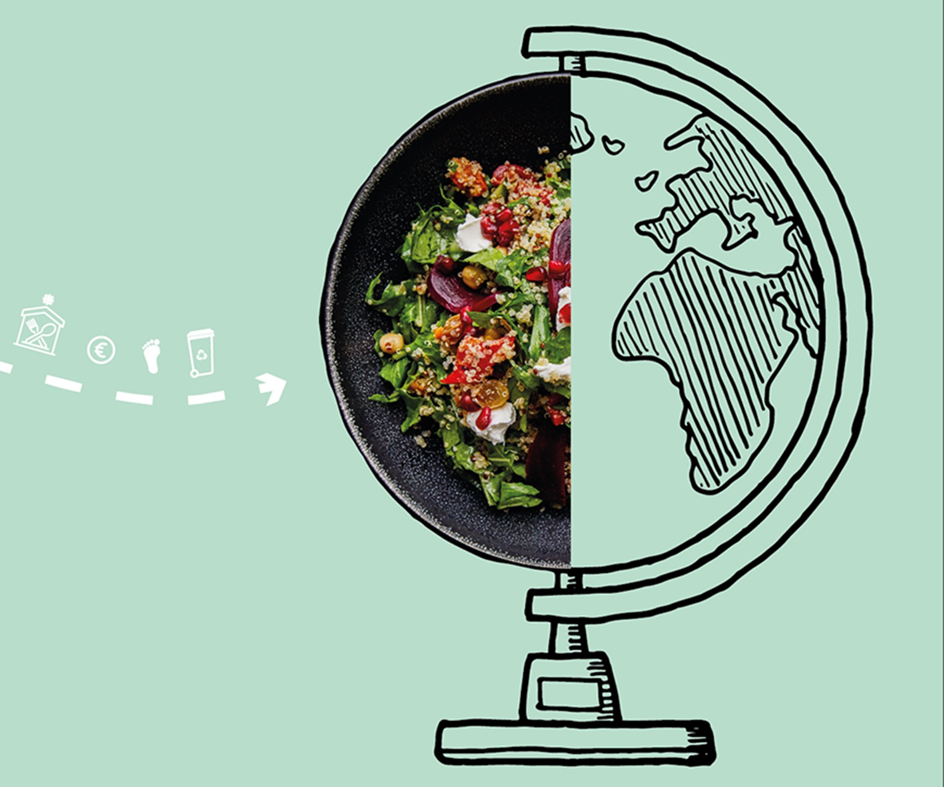 Titelbild der Orientierungshilfe 'Nachhaltige Verpflegung innerhalb der Caritas' der Caritas in NRW mit der Montage eines Globus, der zur Hälfte aus einer Pfanne mit einer vegetarischen Speise besteht