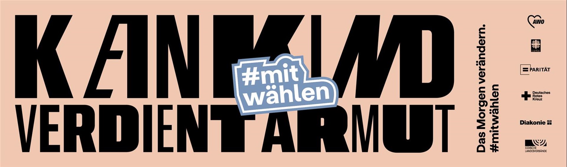Banner der LAG Freie Wohlfahrtspflege NRW zur Bundestagswahl 2021 mit dem Slogan 'Kein Kind verdient Armut' und dem Hashtag 'mitwählen'