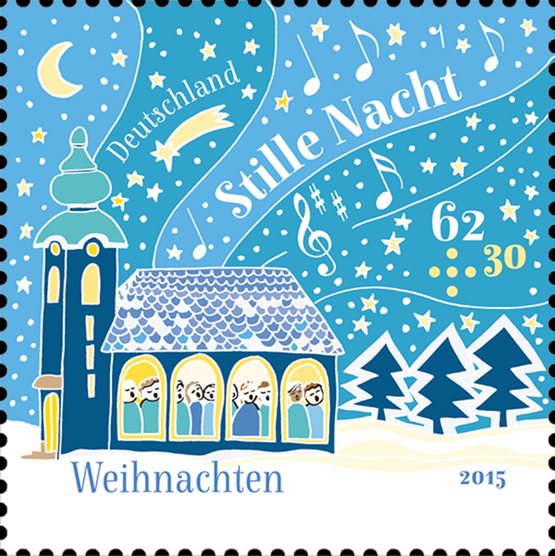Weihnachts-Briefmarke (62 Cent + 30 Cent) mit dem Motiv der alten, verschneiten St.-Nikolai-Kirche in Oberndorf bei Salzburg, in der die Kirchengemeinde gemeinsam das Lied „Stille Nacht“ singt, aus dem Jahr 2015